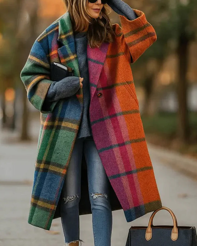 Lumina Wear Isabella stylish long winter coat for women with wide collar and sleek button front, perfect for cold weather.