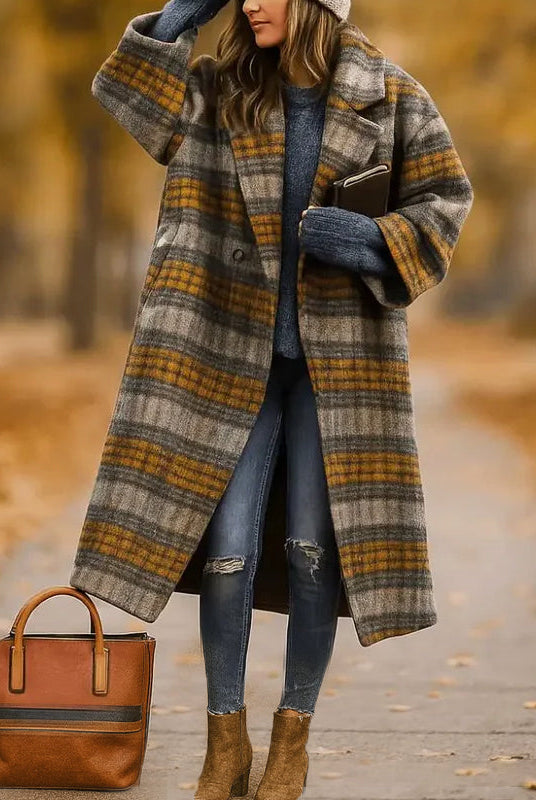 Isabella Lumina women's long winter coat with wide collar and sleek button front, stylish and warm outerwear for women.