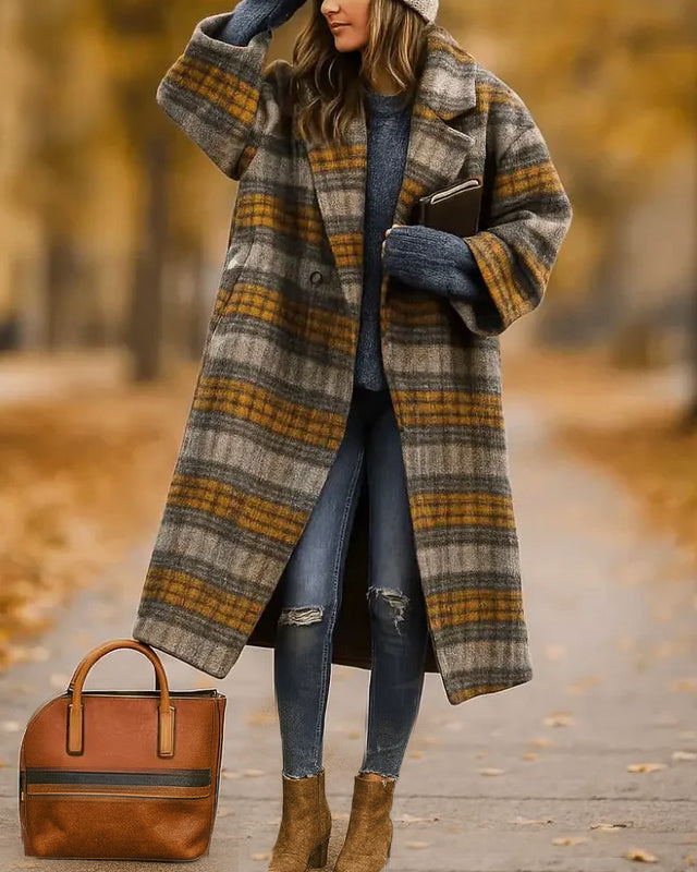Lumina Wear Isabella long winter coat for women with a stylish wide collar and sleek button front, perfect for cold weather.