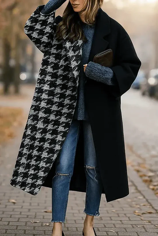 Lumina Wear Isabella women's long winter coat with wide collar and sleek button front, stylish and warm for cold weather.