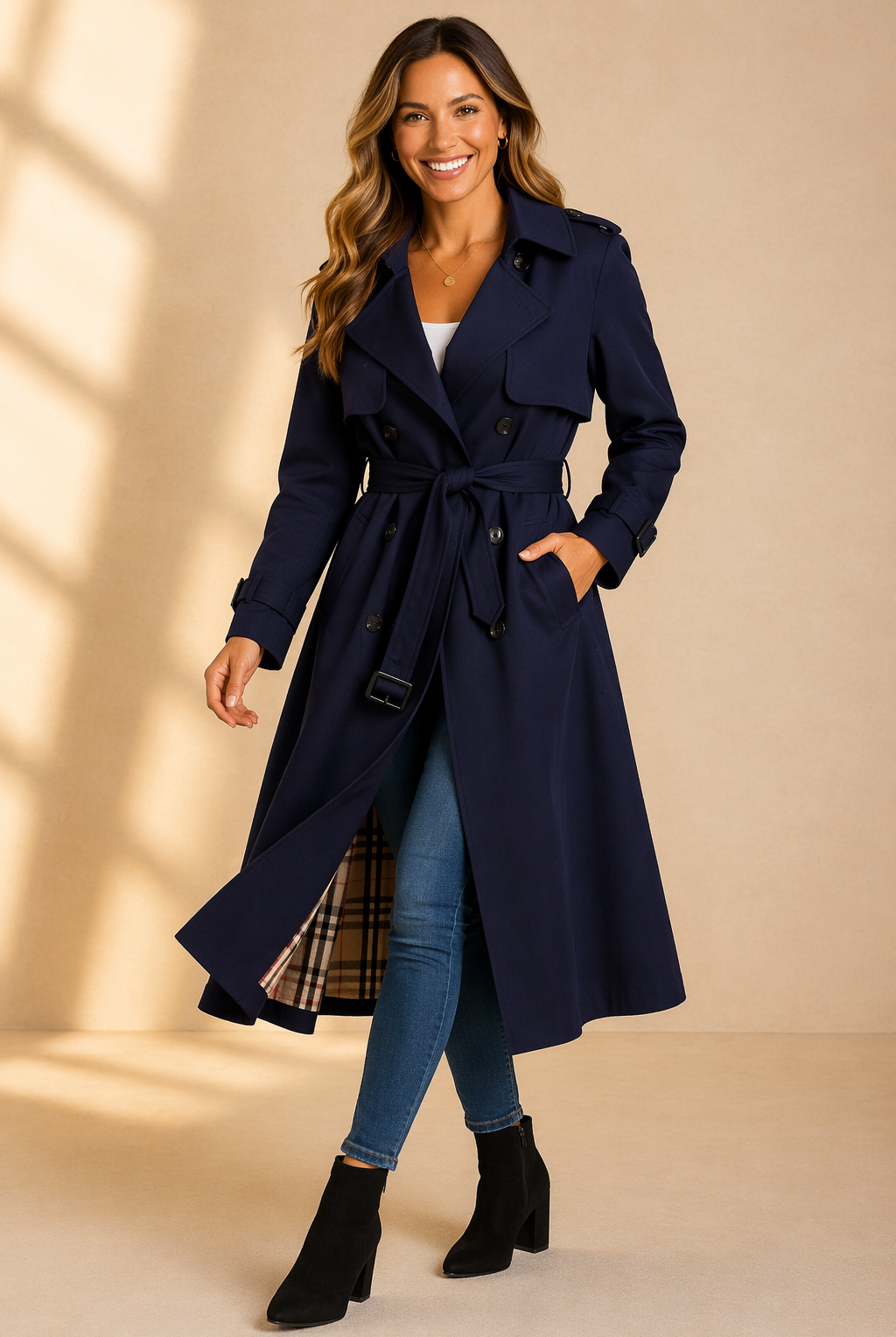 Isabella Lumina black tailored trench coat with double-breasted front, showcasing a sleek, structured design and classic collar.