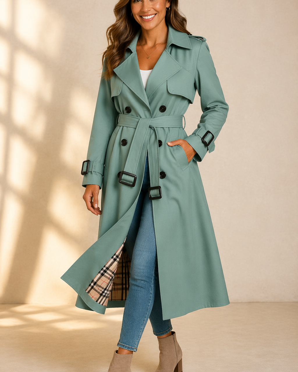 Black tailored trench coat with double-breasted front from Lumina Wear, featuring a sleek, structured design and classic collar.