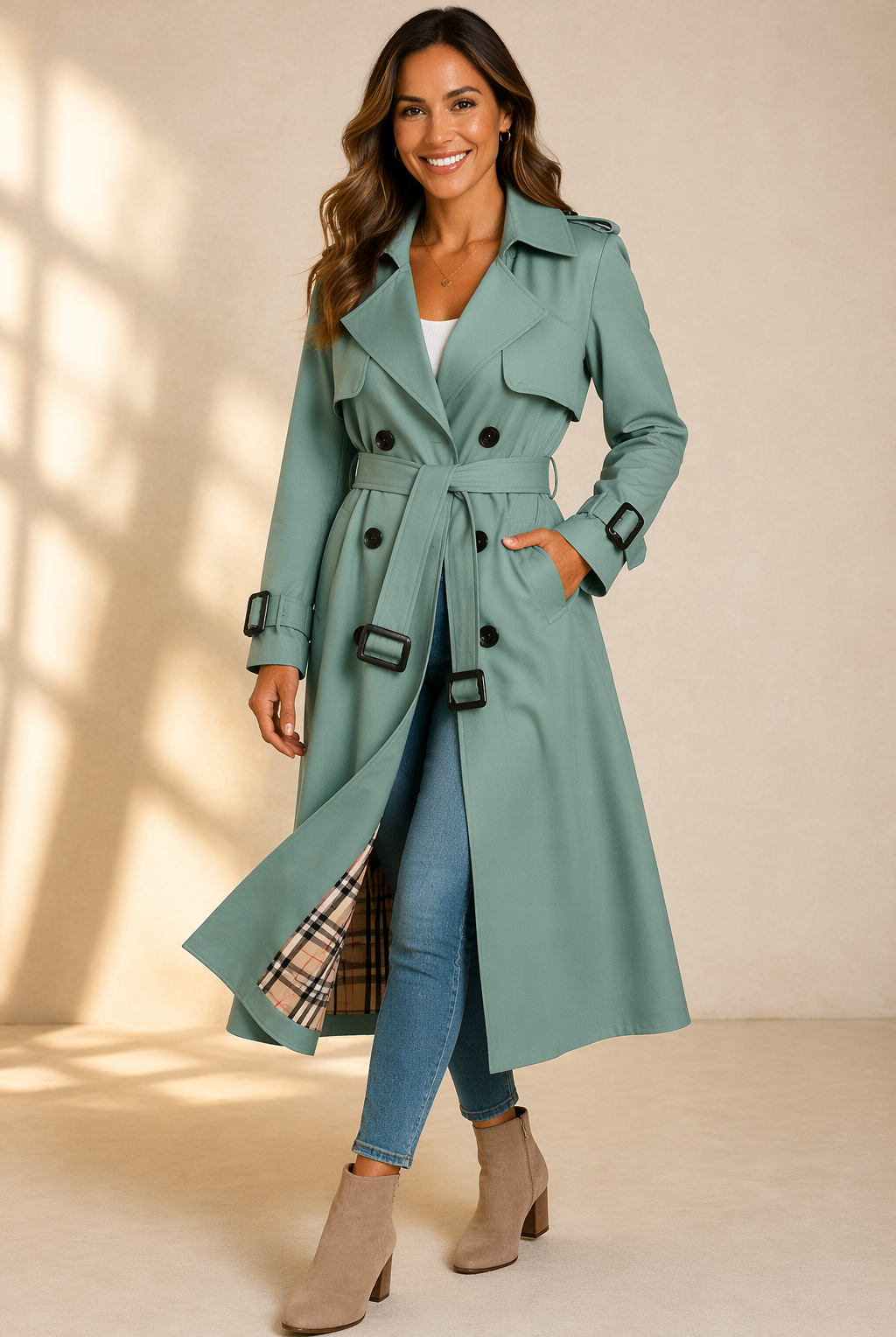 Black tailored trench coat with double-breasted front from Lumina Wear, featuring classic style and sleek silhouette.