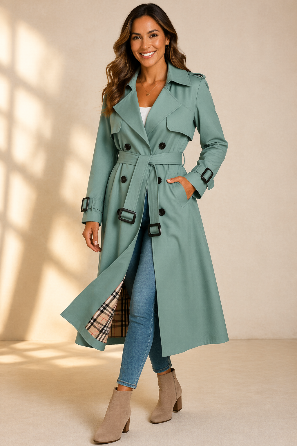 Black tailored trench coat with double-breasted front from Lumina Wear, featuring classic style and sleek silhouette.