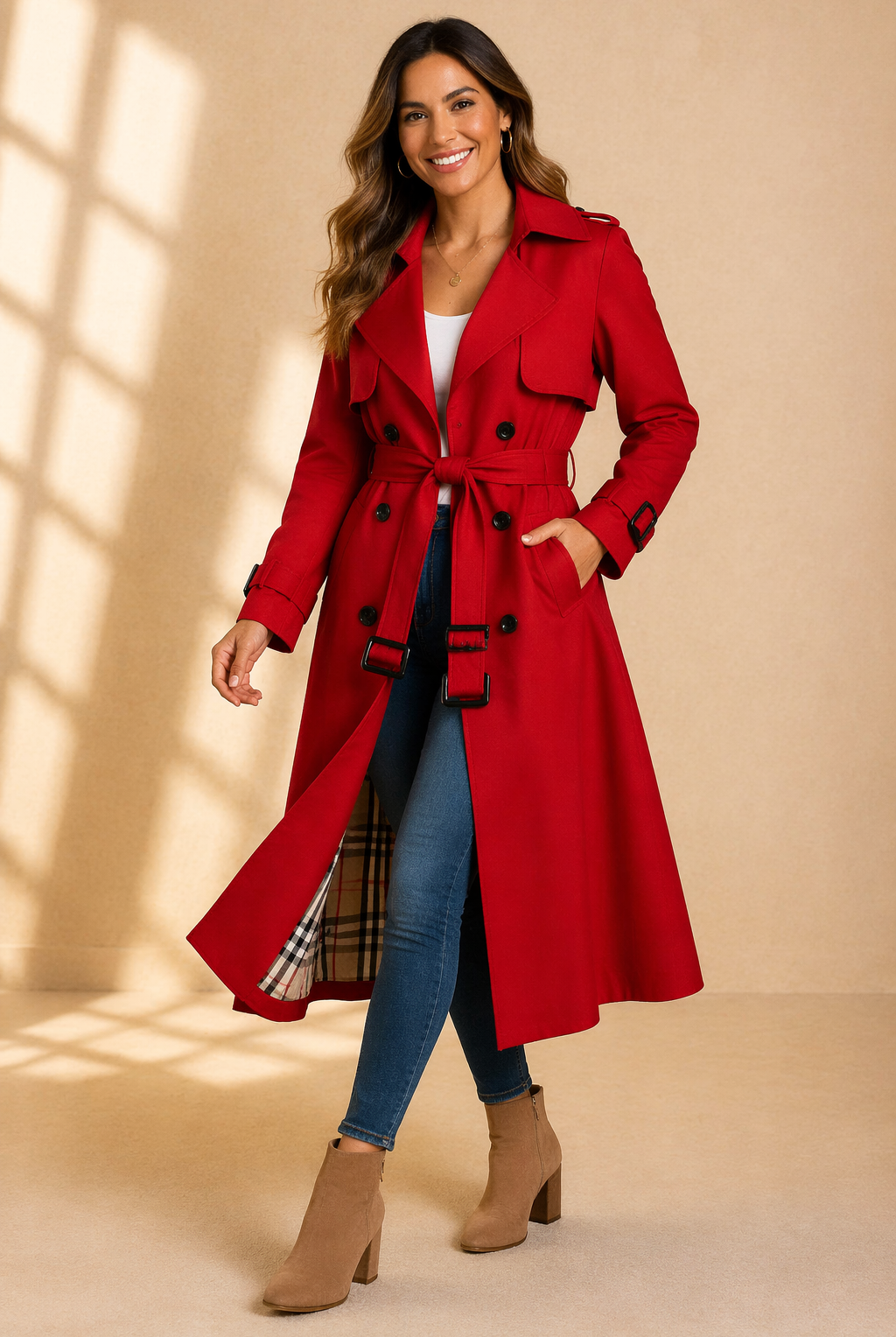 Black tailored trench coat with double-breasted front from Lumina Wear, shown on a model with classic collar and belt details.