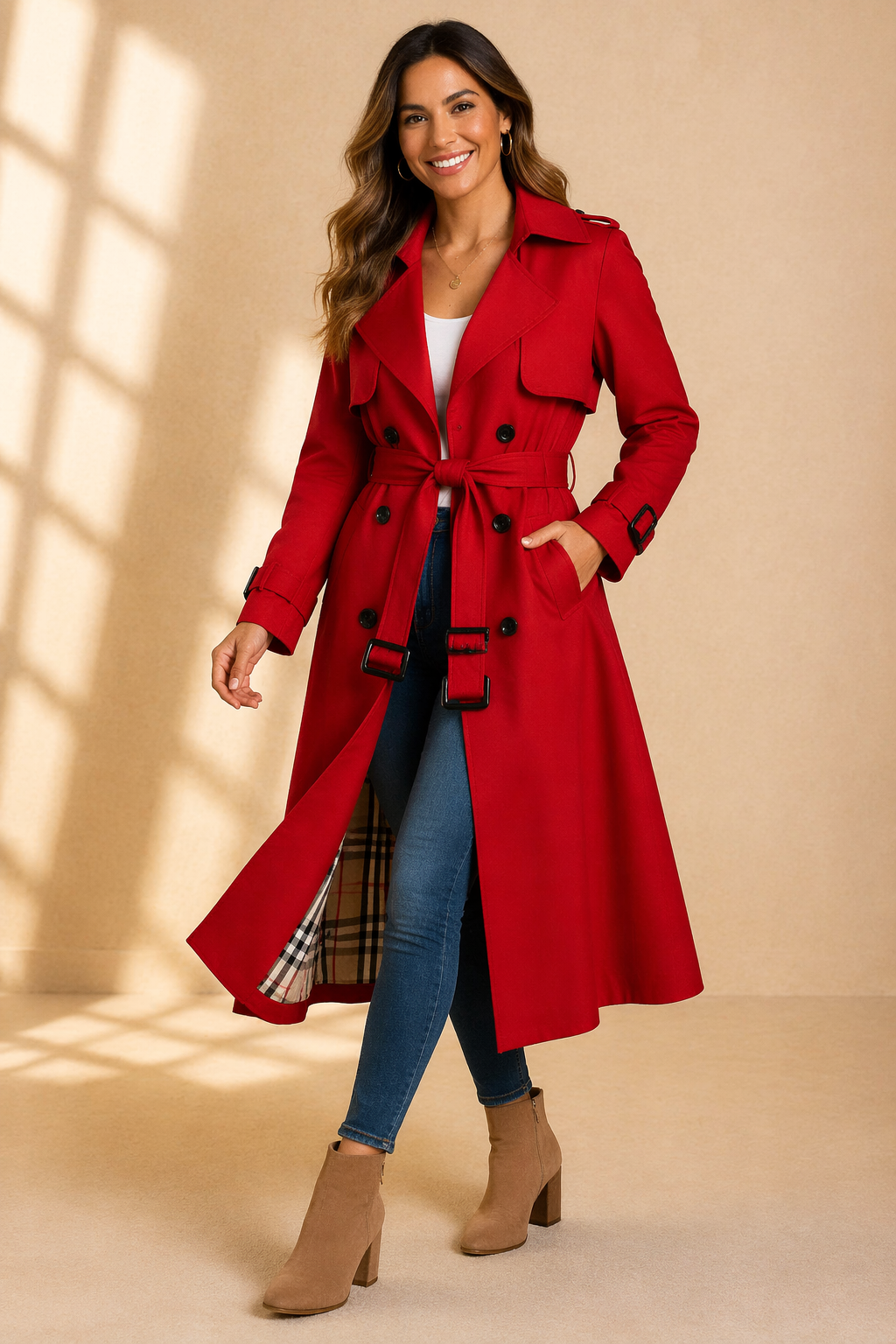 Black tailored trench coat with double-breasted front from Lumina Wear, shown on a model with classic collar and belt details.