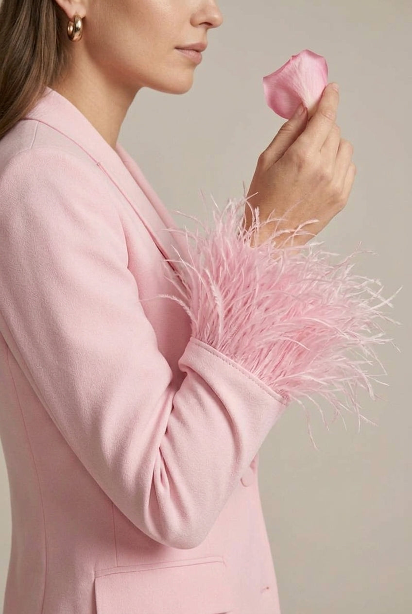 Lumina Wear Isabella tailored blazer with feather cuffs and matching straight-leg trousers, stylish women's suits and blazers.