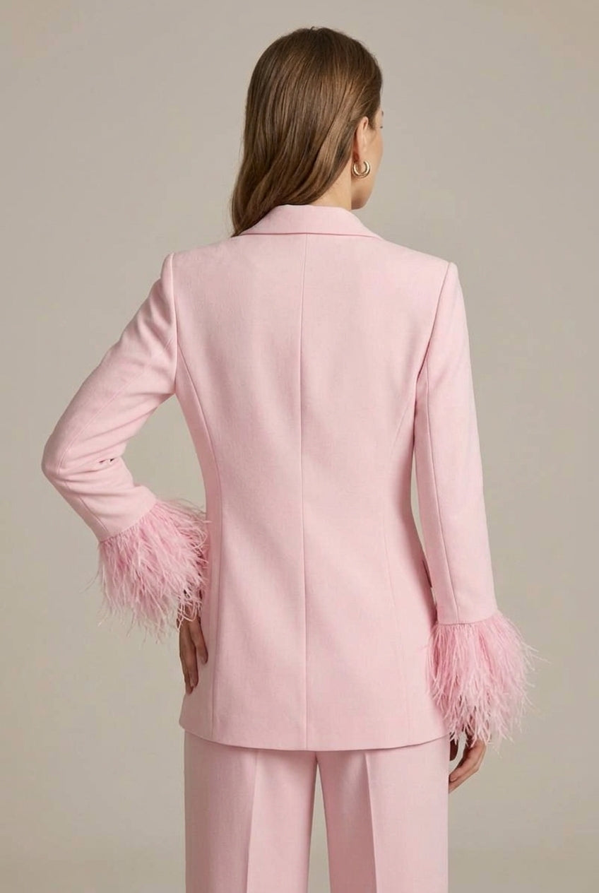 Lumina Wear Isabella tailored blazer with feather cuffs paired with straight-leg trousers, stylish and sophisticated suit ensemble.