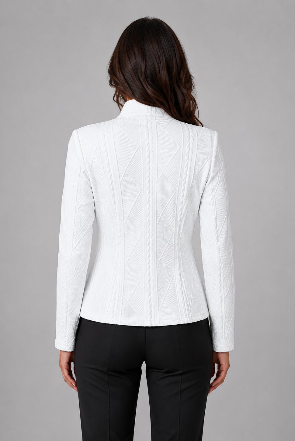 Lumina Wear Isabella cable knit blazer with tailored fit and streamlined silhouette, featuring classic lapel and button closure.