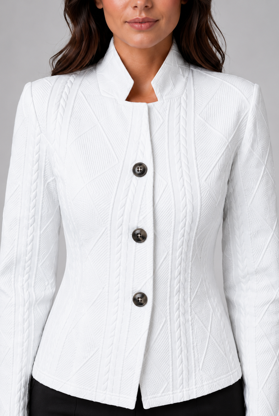 Lumina Wear Isabella cable knit blazer with streamlined silhouette, tailored fit, and classic collar, showcased on a model.