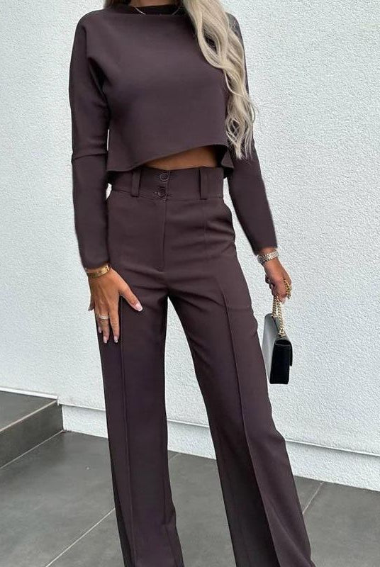 Isabella wearing Lumina Wear's Camille tailored crop top and high-rise wide-leg trousers set, showcasing a stylish, coordinated outfit.
