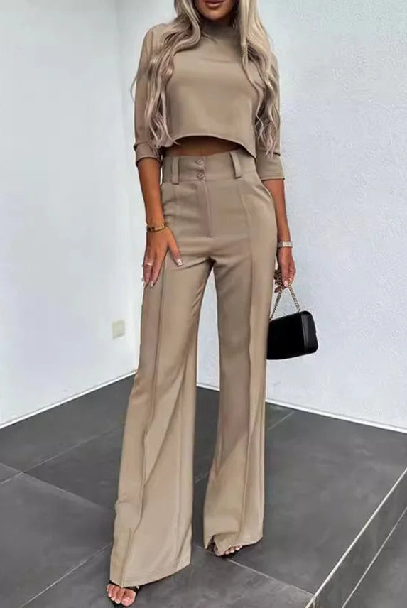 Isabella wearing Lumina Wear's Camille tailored crop top and high-rise wide-leg trousers set, stylish and elegant for modern fashion.