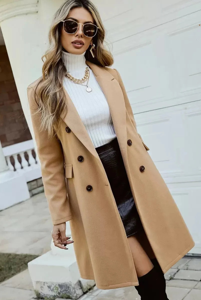 Isabella Lumina double-breasted knee-length overcoat in tailored style, featuring a classic design and structured fit.