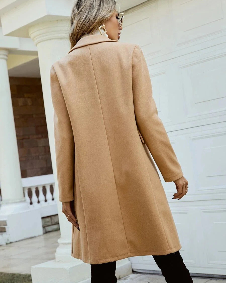 Elegant knee-length overcoat by Lumina Wear, Isabella tailored double-breasted coat with structured design and classic style.