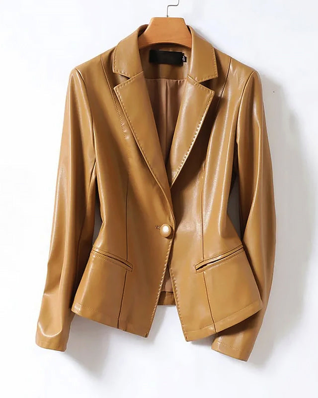 Isabella genuine leather blazer jacket by Lumina Wear featuring a tailored fit and single-button closure, shown on a model.