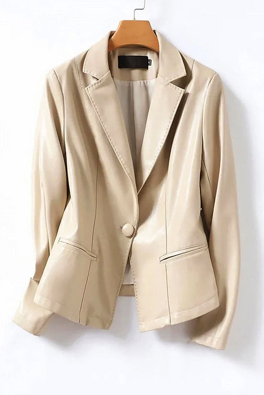 Isabella Lumina genuine leather blazer jacket with one button, tailored fit, featuring classic lapel and sleek design.