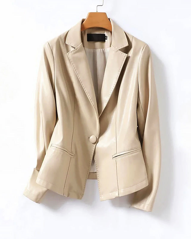 Isabella Lumina genuine leather blazer jacket with one button, tailored fit, featuring classic lapel and sleek design.