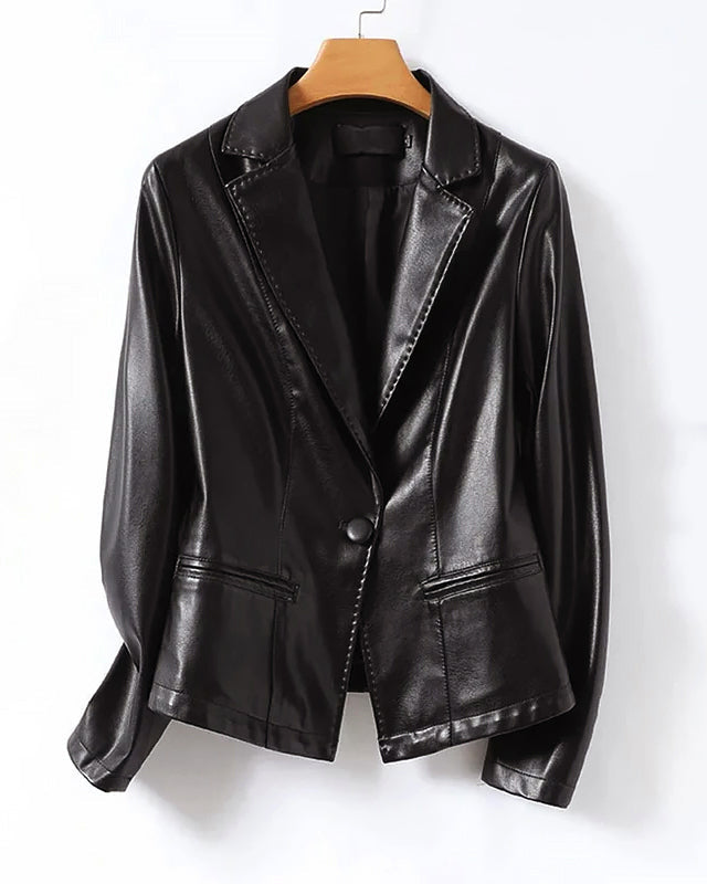 Isabella Lumina genuine leather blazer jacket featuring a tailored fit and single-button design, shown in a stylish close-up shot.