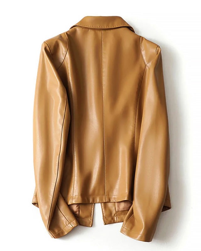 Isabella Lumina genuine leather blazer jacket with a single button, tailored fit, showcasing smooth leather texture and classic design.