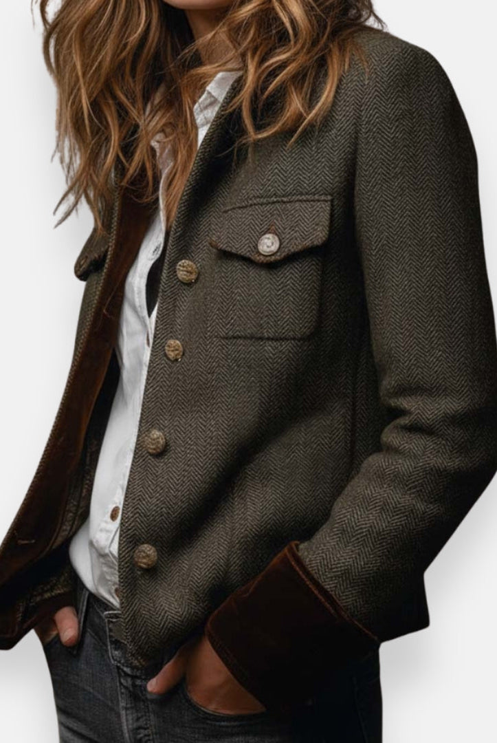 Isabella Lumina tailored herringbone tweed blazer with velvet cuffs, featuring structured fit and classic design.