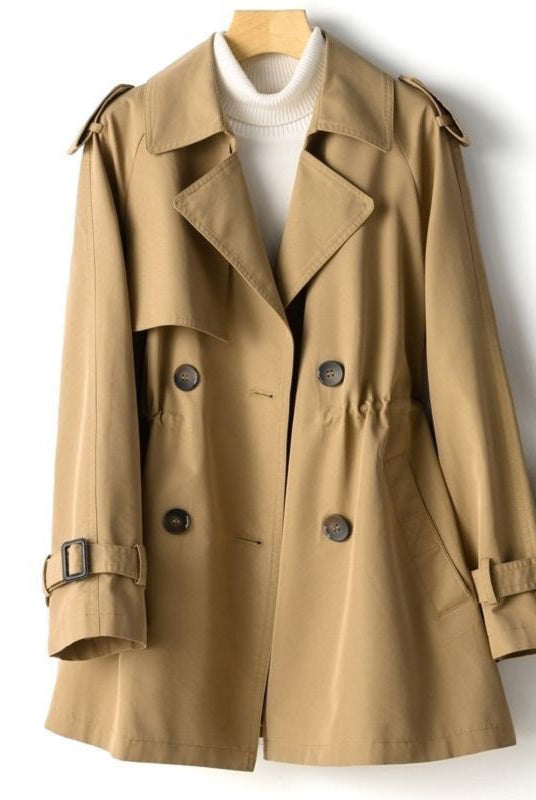Lumina Wear Isabella tailored lightweight trench coat with waist cinch, beige color, stylish and fitted for a modern look.