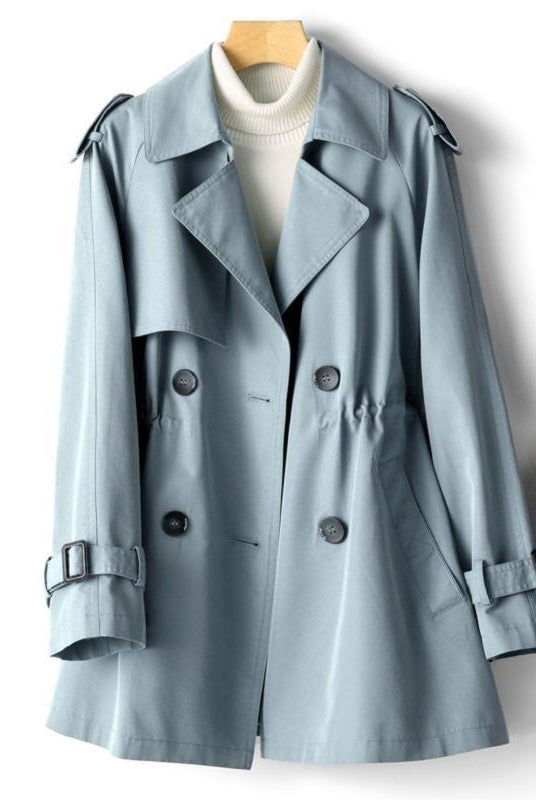 Isabella Lumina lightweight tailored trench coat with waist cinch, beige fabric, classic collar, and stylish silhouette.