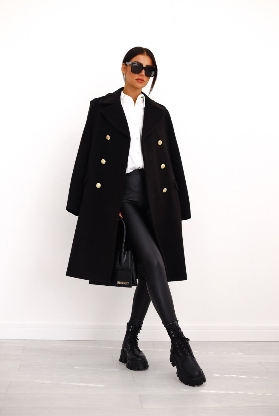 Lumina Wear Isabella tailored longline winter trench coat for women, featuring structured shoulders and a sleek, sophisticated design.