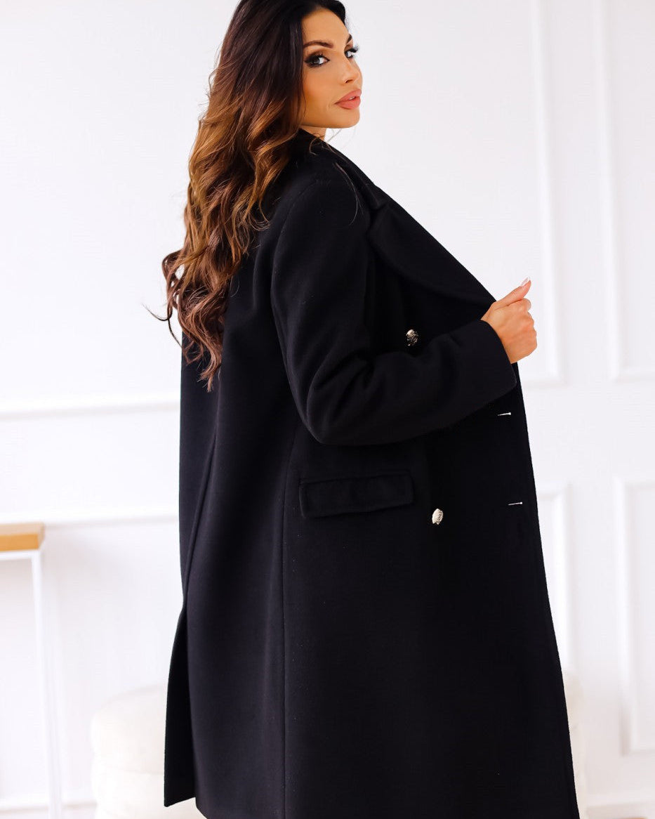 Isabella Lumina Wear tailored longline winter trench coat with structured shoulders, beige fabric, and classic lapel collar.