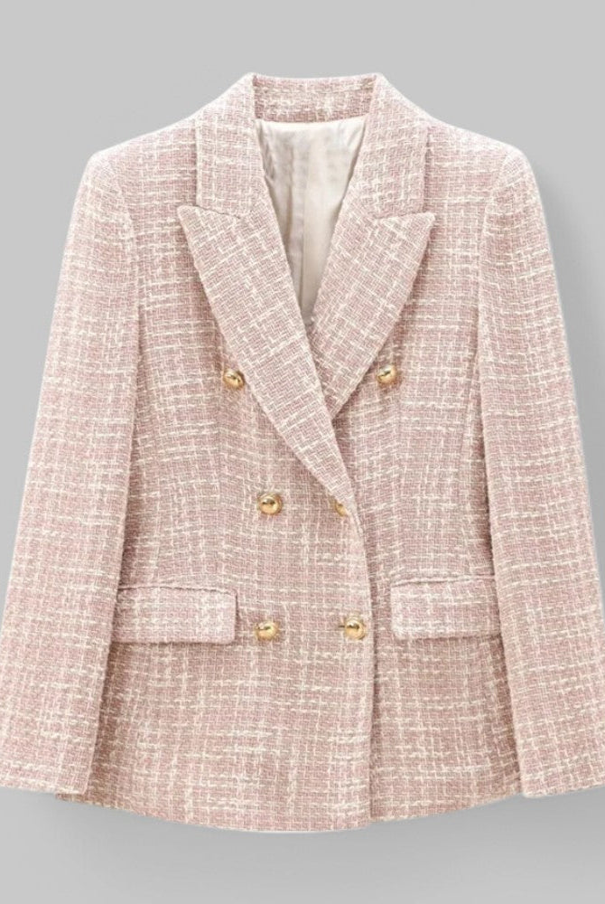 Pink tailored tweed blazer with double-breasted design from Lumina Wear, featuring a sophisticated, fitted style and structured lapels.