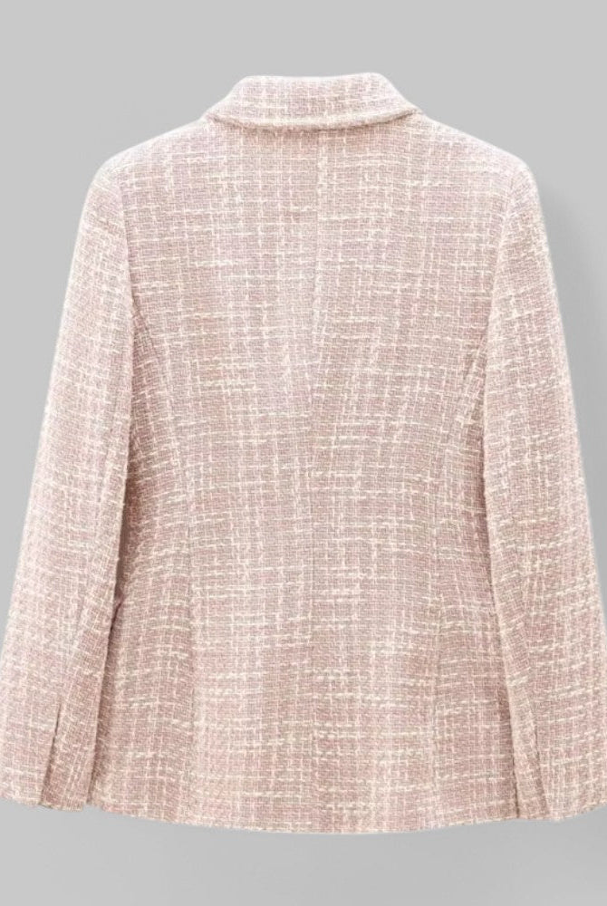 Pink tailored tweed blazer with double-breasted design, featuring structured fit and classic style from Lumina Wear.