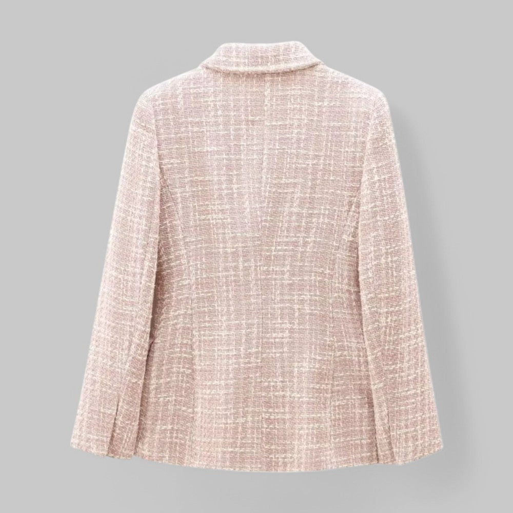 Women's pink tweed blazer by Lumina Wear, tailored fit with double-breasted design, featuring sophisticated details and classic style.
