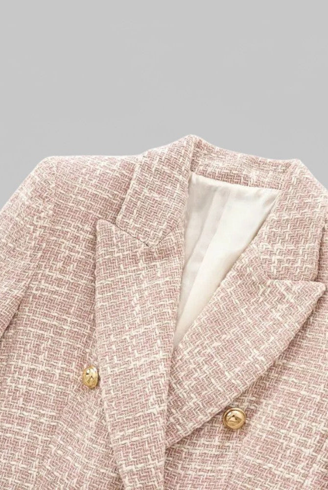 Pink tailored tweed blazer with double-breasted design by Lumina Wear, shown with structured fit and classic lapels.