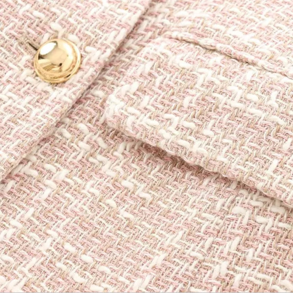 Women's pink tweed blazer with double-breasted design, tailored fit, from Lumina Wear.