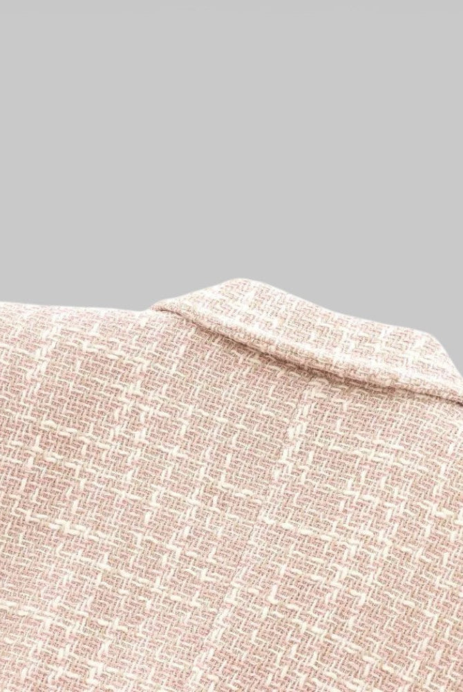 Pink tweed blazer with double-breasted design from Lumina Wear's Isabella collection, tailored fit with classic style.