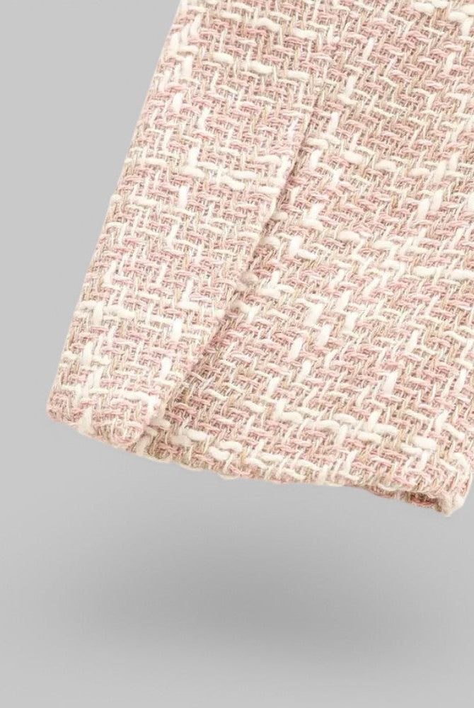 Pink tweed blazer by Lumina Wear featuring a tailored fit and double-breasted design, shown on a model.