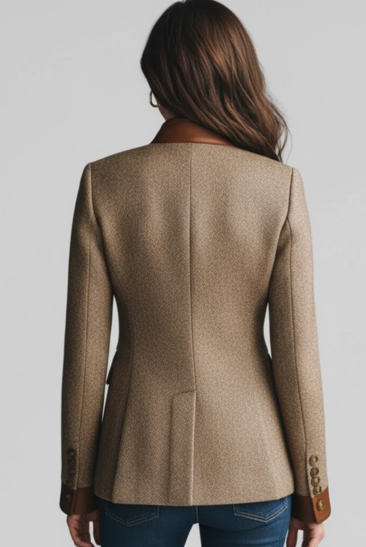 Isabella tailored tweed blazer by Lumina Wear featuring faux-leather trim, fitted design, and classic style.