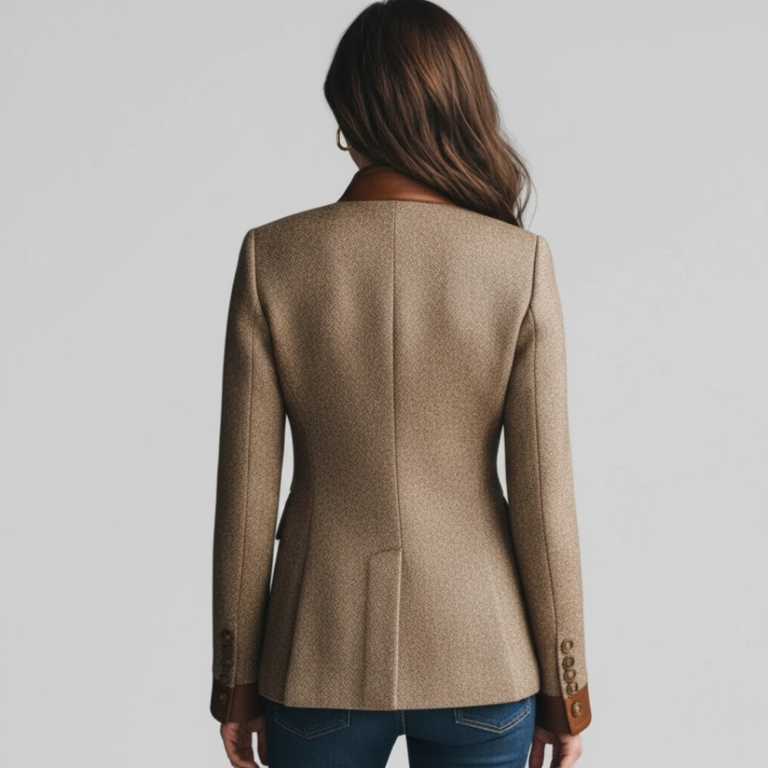 Women's tailored tweed blazer with faux-leather trim, Isabella style by Lumina Wear, showcasing a structured fit and stylish details.