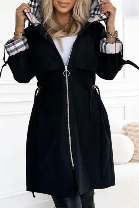Lumina Wear Isabella women's waterproof parka with checked lining and drawstring waist, tailored outerwear for rainy days.
