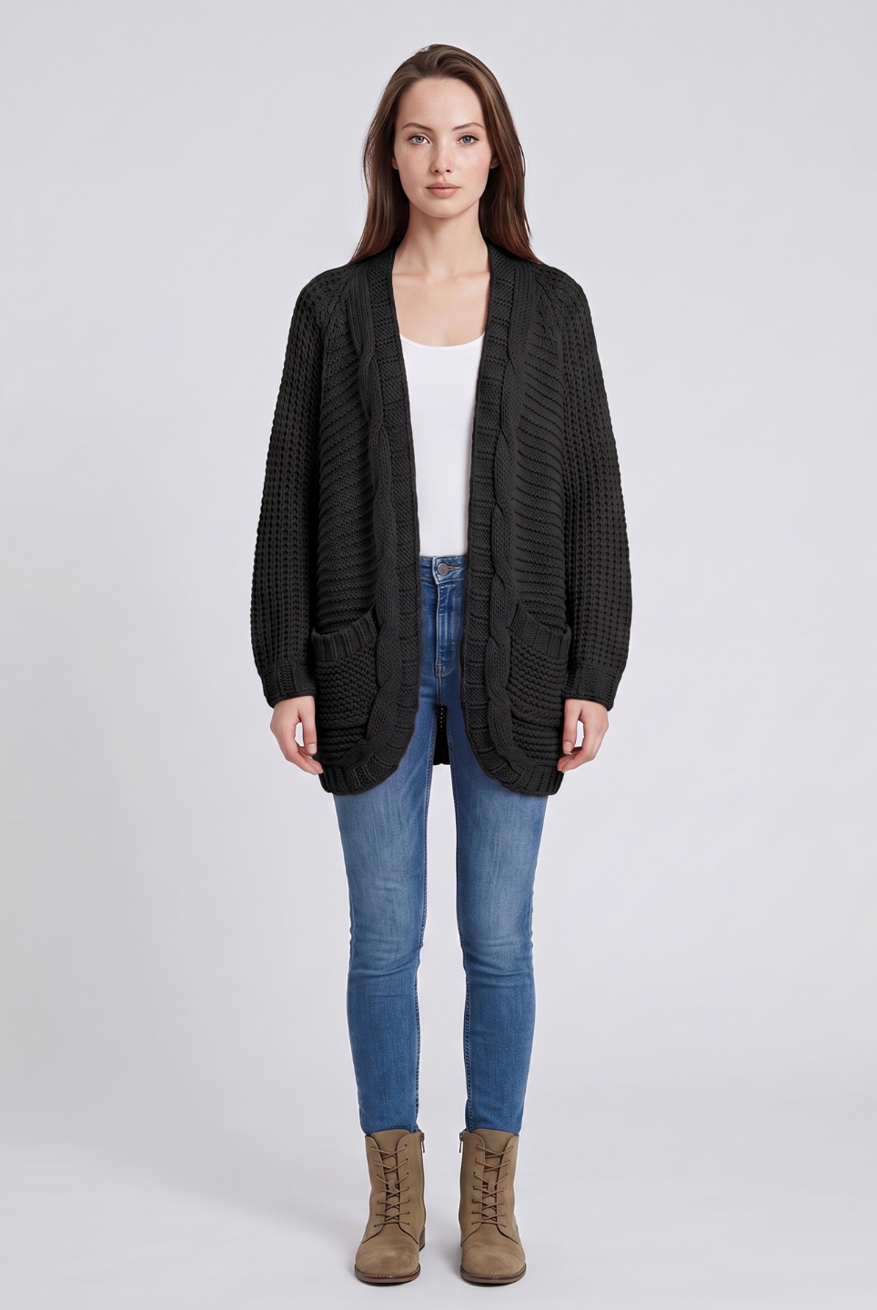 Gray textured oversized cardigan with batwing sleeves from Lumina Wear, styled on a model showcasing its relaxed fit.