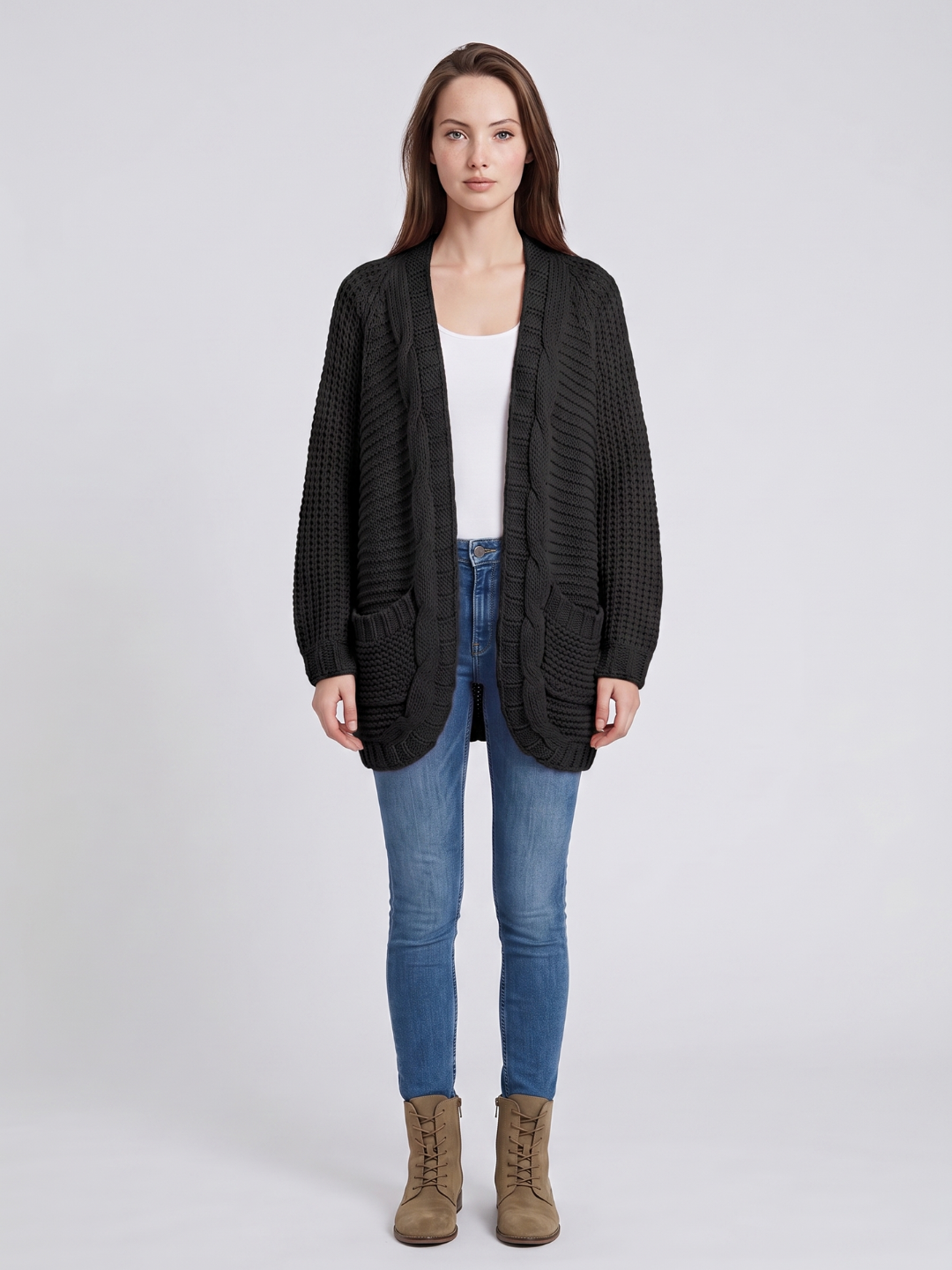 Light gray textured oversized women's cardigan with batwing sleeves from Lumina Wear, featuring a cozy, relaxed fit.