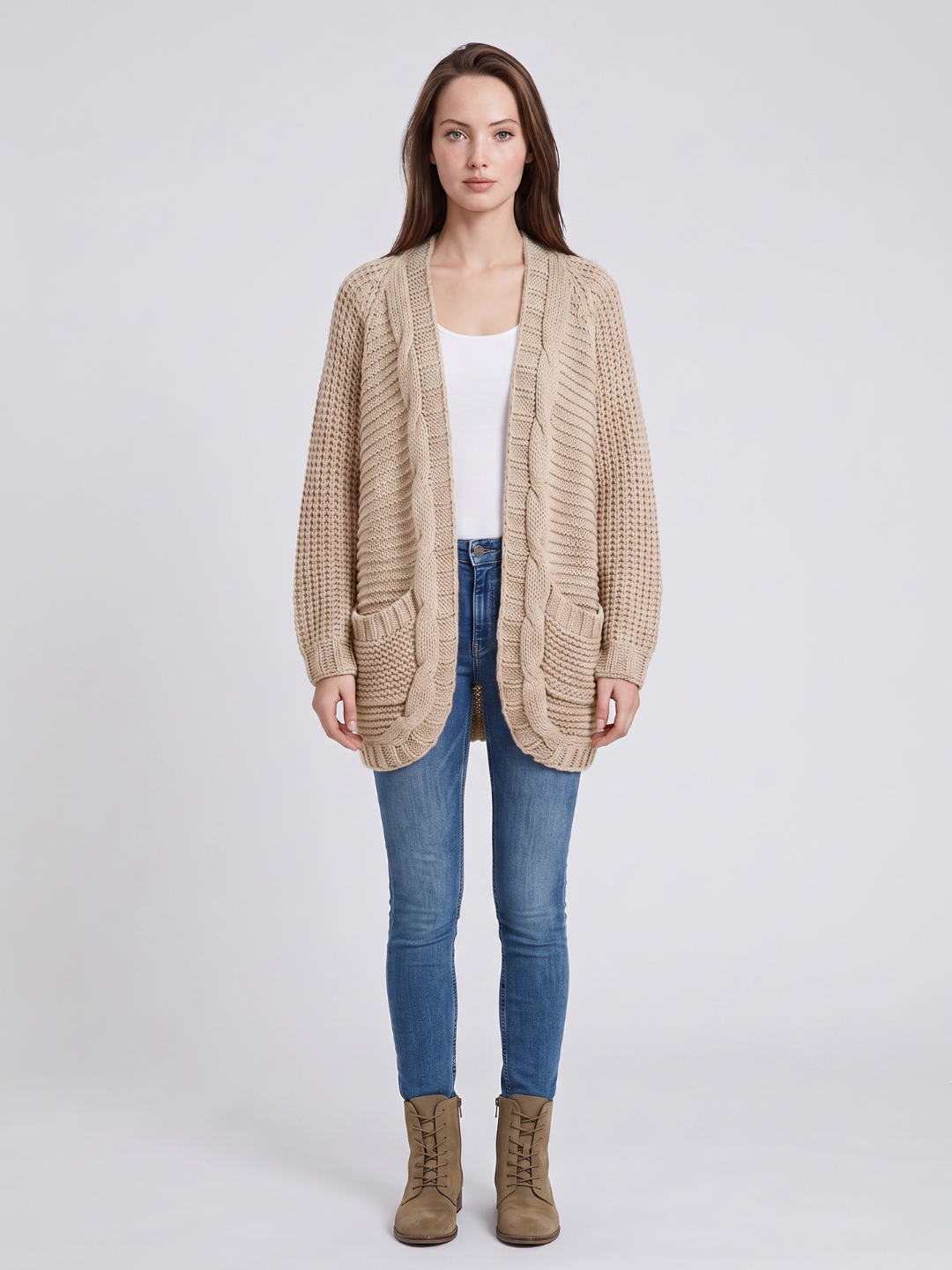 Women's textured oversized cardigan with batwing sleeves by Lumina Wear, featuring a cozy, stylish design in soft fabric.