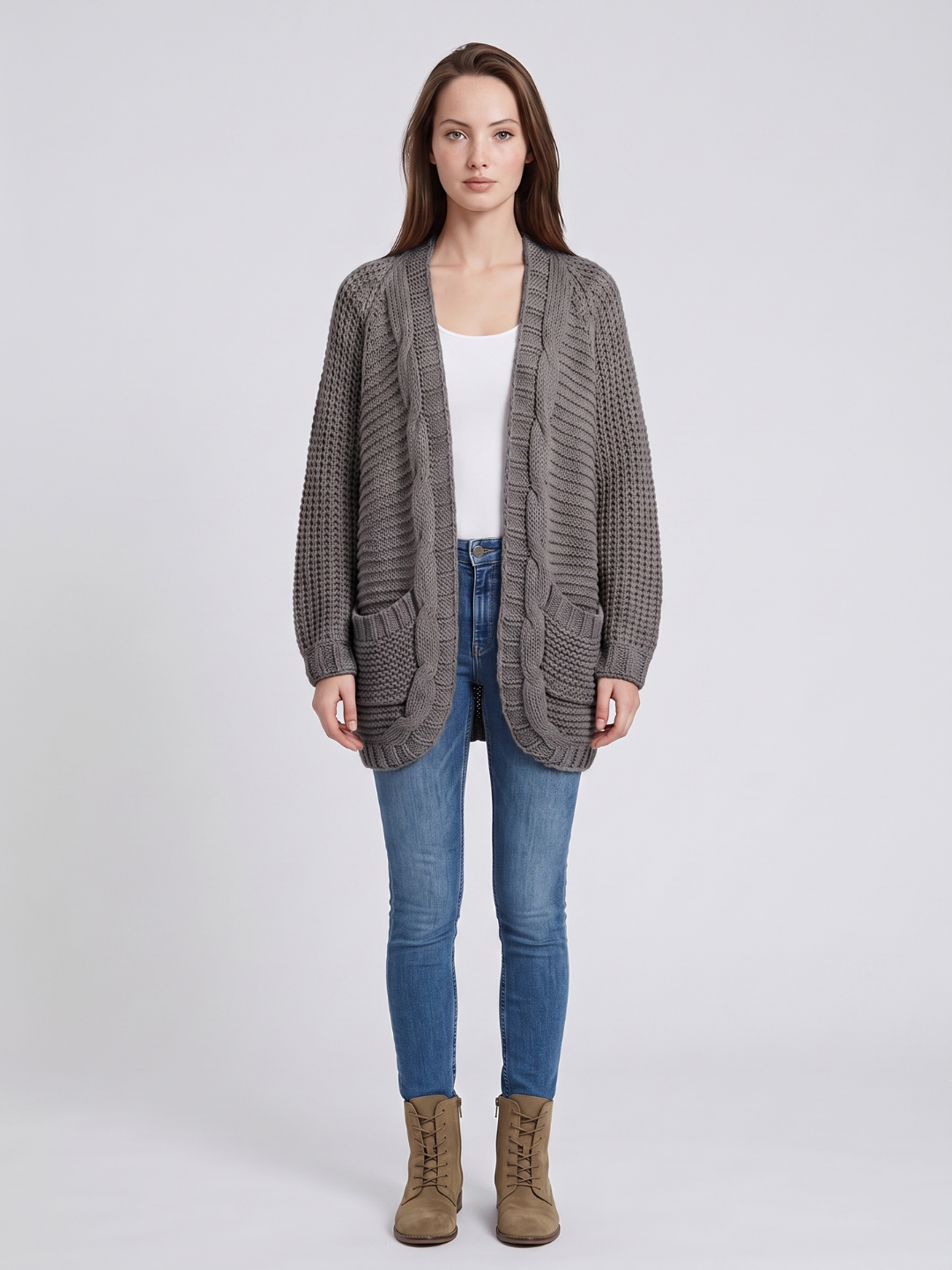 Light gray textured oversized women's cardigan with batwing sleeves from Lumina Wear, styled casually on a model.