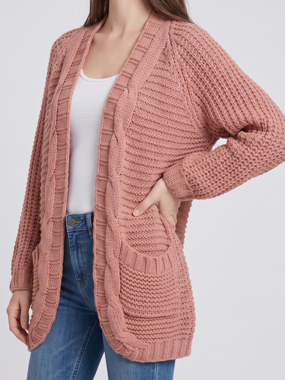 Light gray textured oversized women's cardigan with batwing sleeves from Lumina Wear, styled casually on a model.