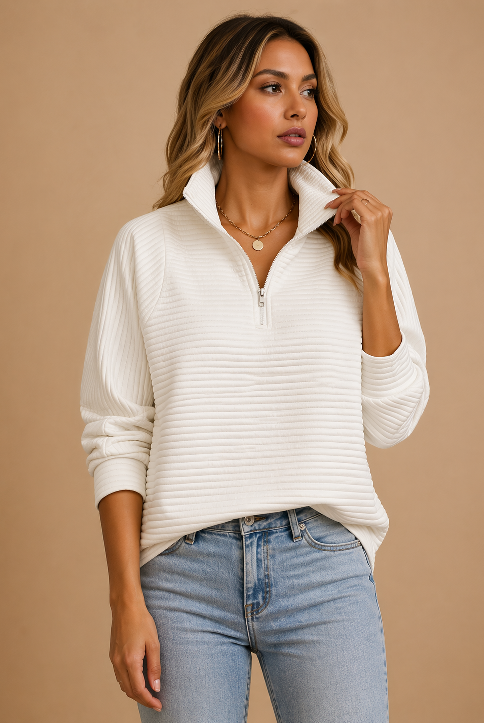Lumina Wear Isabella textured ribbed quarter-zip funnel neck sweater with relaxed fit, shown in a cozy, stylish knit design.
