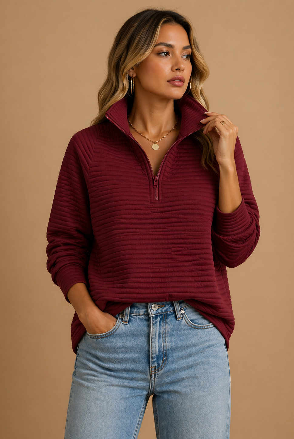 Lumina Wear Isabella textured ribbed quarter-zip funnel neck sweater with relaxed fit, displayed in a neutral color.