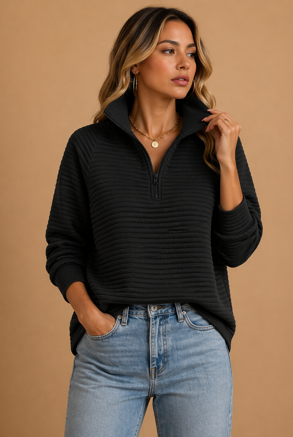 Lumina Wear Isabella textured ribbed quarter-zip funnel neck jumper with a relaxed fit, showcasing its cozy knit fabric and stylish design.