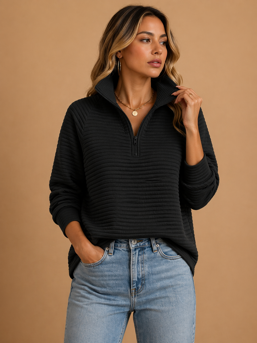 Textured ribbed Isabella Lumina Wear quarter-zip funnel neck jumper with relaxed fit, perfect for cozy winter wear.