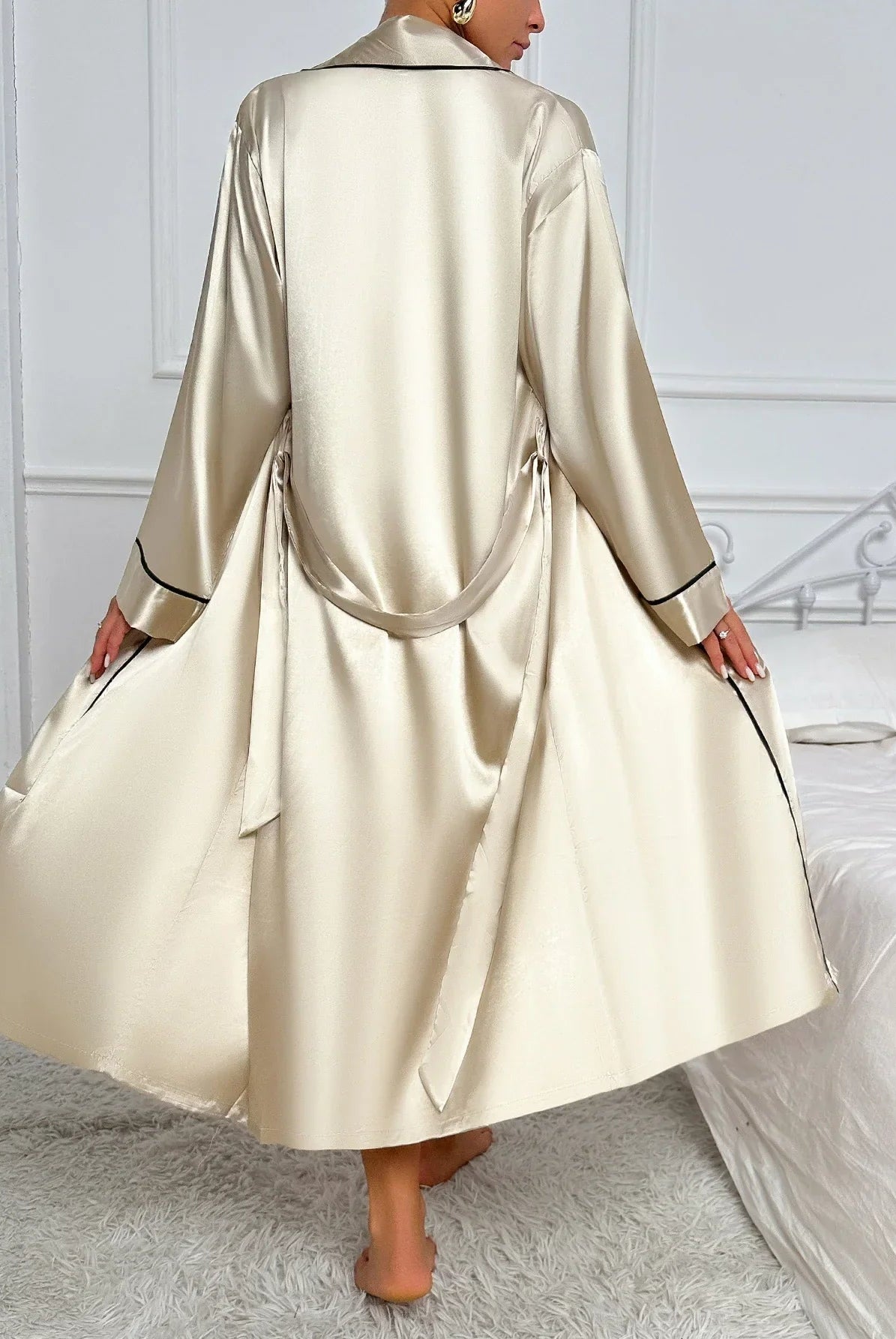 Lumina Wear Colette V-neck spaghetti strap midi nightgown and wrap robe set with contrast piping, soft sleepwear for women.