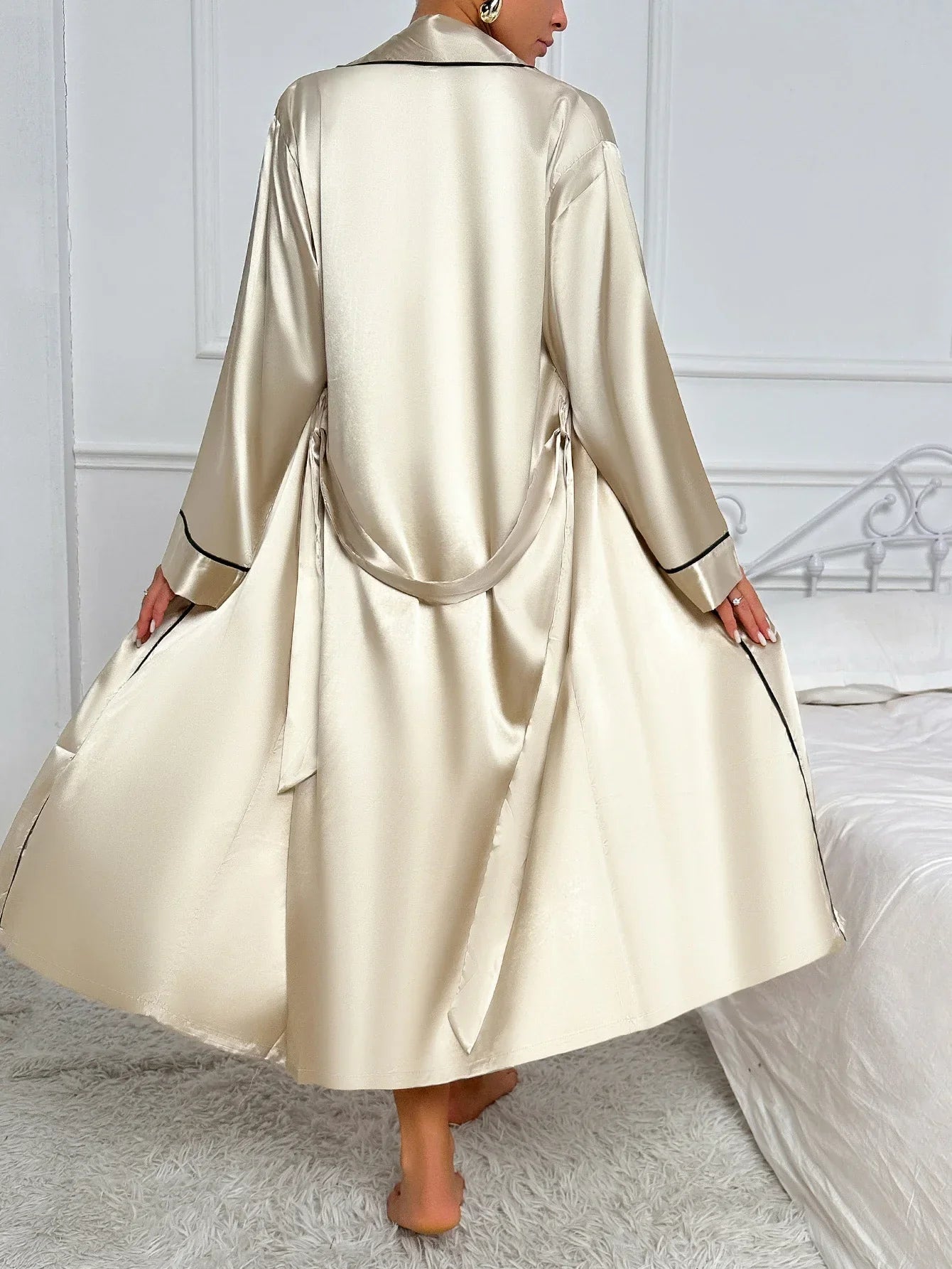 Isabella | V-Neck Spaghetti Strap Midi Nightgown and Wrap Robe Set with Contrast Piping - Lumina 4