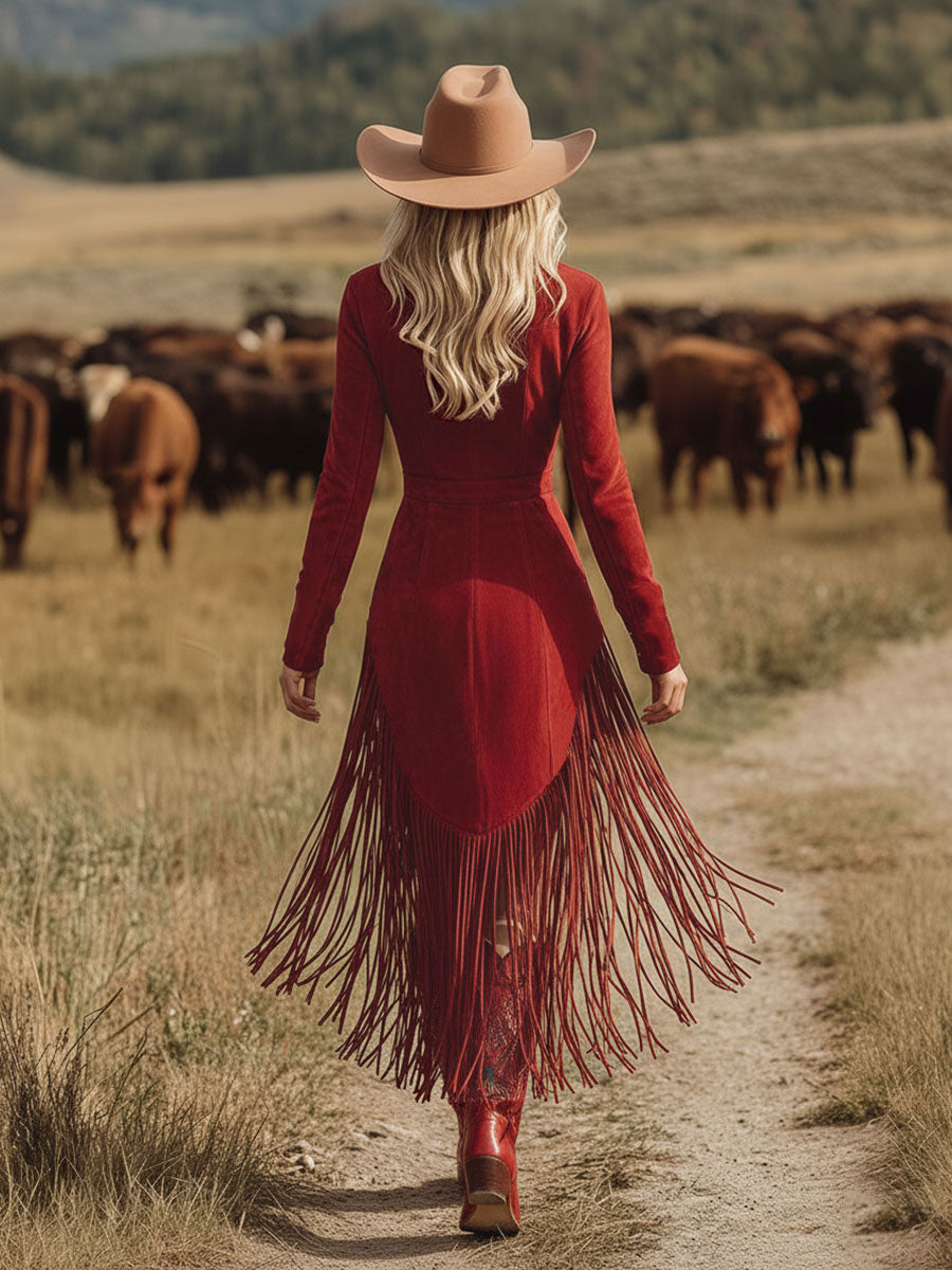 Isabella | Vintage Embroidered Red Midi Dress with Fringed Hem - Lumina 4